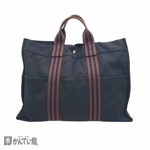 HERMES エルメス フールトゥMM ハンドバッグ トートバッグ ネイビー×ブラウン キャンバス ホック開閉式 マチ有り 男女兼用