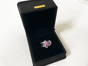 指輪 リング 18K WG レインボームーンストーン ピンクサファイア 花 フラワー ジュエリー ホワイトゴールド/12号/1円スタート/AY