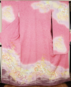 絞り振袖 正絹 ピンク 紫 絞り小花 Lサイズ ki21308 美品 着物 レディース 成人式 送料無料 リサイクル 中古