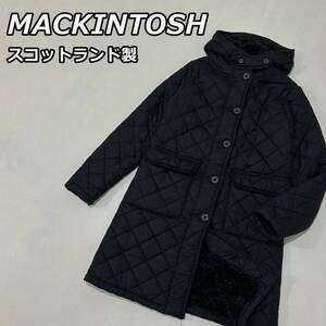 【MACKINTOSH】マッキントッシュ スコットランド製 裏ボア ナイロン キルティングコート フード付き 紺色 ネイビー