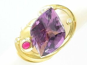 g17548　K18YG　アメジスト32.72ct　R0.38ct　D0.11ct　リング兼ペンダントトップ　USED　美品　29.6g　#15