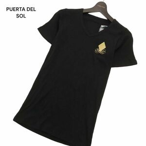 新品 未使用★ PUERTA DEL SOL プエルタデルソル ロゴワッペン 刺繍 半袖 Vネック リブ カットソー Tシャツ Sz.M　メンズ 黒　C4T03348_4#A