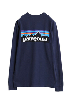 19年製 パタゴニア 両面 プリント 長袖 Tシャツ メンズ XS / 古着 Patagonia アウトドア ロンT ロングスリーブ ロゴT P6 バックプリント 紺