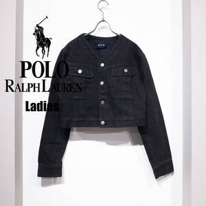 レディース 9 / 90s RALPH LAUREN ラルフローレン クロップド デニム ジャケット ブラック 黒 ノーカラー 短丈 ショートブルゾン 古着