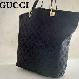 美品●グッチ GUCCI トートバッグ GGキャンバス×カーフレザー 本革 ゴールド金具 A4 大容量 ハンドバッグ 黒 ブラック系