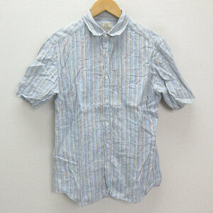 a■ユナイテッドアローズ/GREEN LABEL RELAXING ストライプ柄 半袖リネンシャツ【M】青系/MENS/69 【中古】