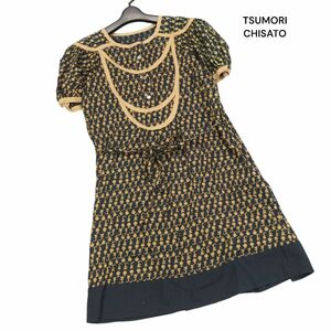 TSUMORI CHISATO ツモリチサト 春夏 ネコ リンゴ♪ 総柄 半袖 パフスリーブ ワンピース Sz.2　レディース 日本製　K4T00686_5#D