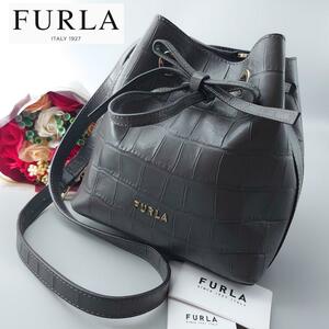 1円 FURLA フルラ COSTANZA コスタンザ ショルダーバッグ リボン 巾着 クロスボディ 肩掛け 斜め掛け グレージュ クロコ型押し レザー 革