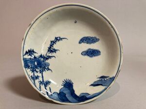 【輝】171 時代 染付風景図皿/中国古玩 中国美術 青花 骨董品 時代品 美術品 古美術品