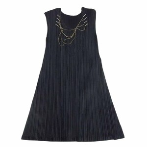 PLEATS PLEASE プリーツプリーズ イッセイミヤケ プリーツ加工 チェーン装飾 ノースリーブ チュニック ワンピース 3【美品】【中古】