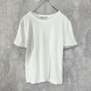 ZARA ザラ Sサイズ Tシャツ 半袖 クルーネック ビーズ ビジュー ホワイト WHITE レディース カットソー 白 ウィメンズ 古着 USED品