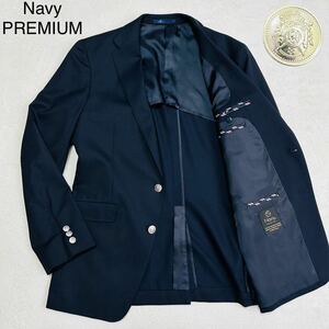 未使用級!!ネイビープレミアム 【輝く銀ボタン】Navy PREMIUM テーラード ジャケット 2B 背抜き ブレザー ストレッチ メンズ 黒 ブラック L