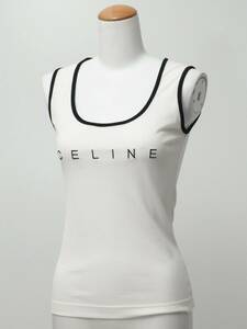 TG7027☆セリーヌ CELINE ヴィンテージ ロゴ刺繍 タンクトップ ノースリーブ トップス バイカラー オフホワイト×ブラック サイズ40