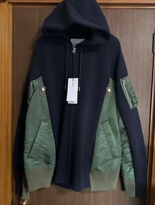 濃紺4新品 sacai メンズ スポンジ スウェット シャツ パーカー 再構築 MA-1 ブルゾン 24SS size 4 XL 長袖 トレーナー ジャケット サカイ