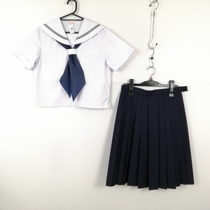 1円 セーラー服 スカート スカーフ 上下3点セット LL 夏物 グレー1本線 女子 学生服 中学 高校 白 制服 中古 ランクC EY8501