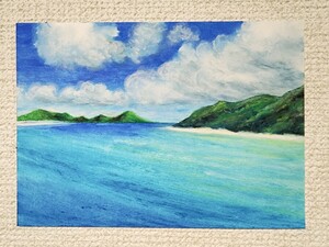 海の絵　世界で１枚　風景画　パステル画　絵画　癒し　ヒーリング　アート カラフル 沖縄