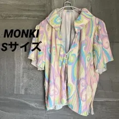 MONKI プリーツシャツ Sサイズ うずまきプリント パステルカラー