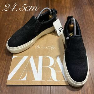 新品 ZARA ハラコ素材スリッポン 24.5cm 37/38 BLACK レディース ザラ スニーカー シューズ やや厚底 タグ付き