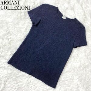 アルマーニ コレツォーニ 半袖ワッフル地トップスネイビーARMANI COLLEZIONI カジュアル シンプル ウール レーヨン 42 B6222