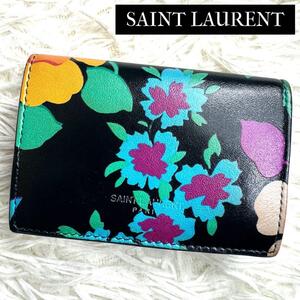 希少品 / YSL SAINT LAURENT サンローラン フラワープリントトリフォールドウォレット 三つ折り財布 ブラック 花柄 マルチ 678272