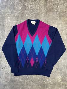 超希少!美品!アーガイル柄!60s 70s John Moody cashmere ピュア カシミヤ セーター ニット HAND INTARSIA (Lくらい)