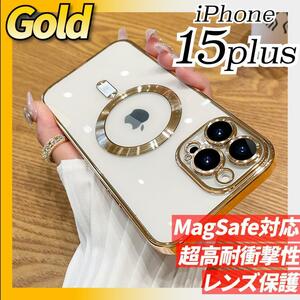 iPhone15plus magsafe マグセーフ 背面クリアケース ゴールド
