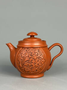 日本煎茶道具　常滑焼　朱泥　急須　刻花卉文　茶壺　在銘有　美品　茶道具　