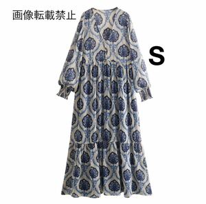 vintage ヴィンテージ レトロ 柄 ロング ワンピース Sサイズ レディース★ZARA 好きな方に★2024 S/S 早春新作 新品未使用★