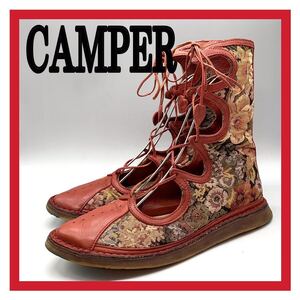 レディース CAMPER [カンペール] 前開き レースアップ ブーツ レザー 和柄 花柄 刺繍 レッド 赤 36 23cm シューズ 靴