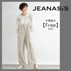 美品 JEANASIS ジーナシス チェック ワイドサロペット ハイウエスト ゆったりシルエット 大人カジュアル きれいめ レイヤード ベージュ