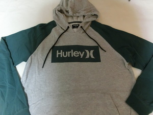 USA購入 人気サーフ系ブランド ハーレー【HURLEY】 ロゴプリント入り 薄手生地 裏起毛タイプ プルオーバー パーカーUS L 灰x緑