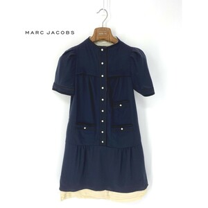 A6734/美品 春夏 MARC JACOBS マークジェイコブス ウール マオカラー Aライン フレア シャツ 半袖 膝丈 ワンピース 0 M程 紺/レディース