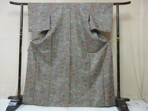 1円 良品 化繊 着物 小紋 洗える 和装 和服 扇子 道長裂取 花唐草 草花 高級 袷 身丈162cm 裄65cm【夢職】★★★