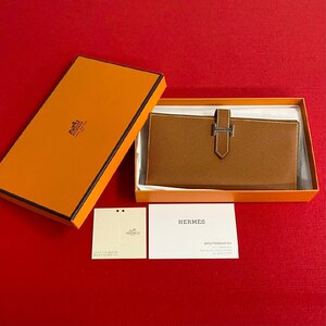 未使用保管品 保存箱付 □J 刻印 HERMES エルメス ベアン スフレ ヴォーエプソン レザー 本革 長財布 二つ折り ウォレット ブラウン 27578