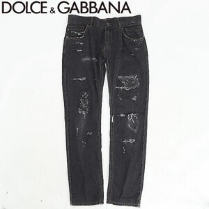 国内正規品◆DOLCE&GABBANA ドルチェ＆ガッバーナ 14GOLD ダメージ クラッシュ加工 ロゴプレート ブラック デニム パンツ 48