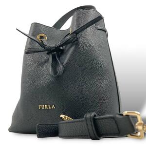 美品 フルラ FURLA ショルダーバッグ 2way 巾着 ブラック レザー