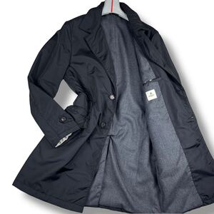 1円 美品 XL.LL~XXL.2XL ルイジボレッリ LUIGI BORRELLI 撥水 ステンカラーコート 比翼仕立て ロゴレザー型押し メンズ ブラック 52