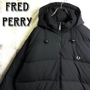 希少 美品 90s FRED PERRY フレッドペリー ビッグサイズ 2WAY ロング ダウンジャケット ワンポイント刺繍ロゴ ブラック 黒 XL相当