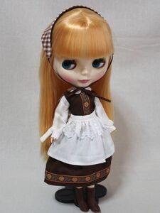 Doll Dressing*ハンドメイド ネオブライス サイズお洋服セット人形/アウトフィット衣装/ドレス/ドール服/ワンピース茶/エプロン/昭和レトロ