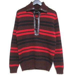 美品 GUCCI グッチ トムフォード期 ボーダー柄 ウール×シルク レザートリム ロングスリーブ プルオーバー ニット セーター M 茶×赤×黒