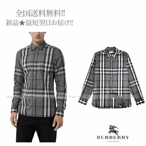 J722(M).. BURBERRY バーバリー チェック シャツ クラシック Nelson 長袖 グレー基調 ★ M