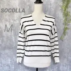 【SOCOLLA】ボーダーニット Ｖネック バックリボン 白黒 M