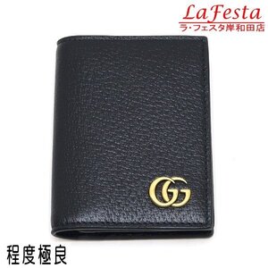 ◆ 本物 美品 ◆ GUCCI グッチ GGマーモント マチ付き カードケース 名刺入れ レザー ブラック 黒 ゴールドＧＧ ２つ折り 財布 人気 428737