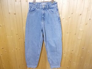 e254◆ZARA ワイドテーパードデニムパンツ◆EUR36 MEX26 スレ加工 トルコ製 ザラ ジーンズ ライトブルー ケミカル風 4G