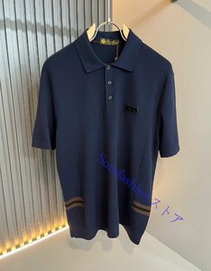 Loro Piana　ロロピアーナ メンズ ニットポロシャツ 半袖Tシャツ トップス ニットカットソー ネイビー Lサイズ 紳士服 無地