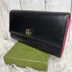 GUCCI マーモント　長財布　レザー　ブラック　ピンク　ゴールド