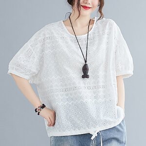 レディース春夏レース刺繍綿半袖涼しいゆったりブラウスシャツ 白 ホワイト AA510