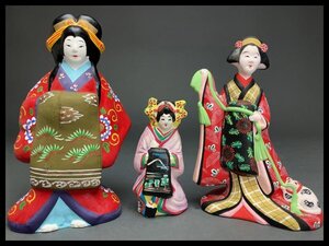 k090 土人形 秋田中山土人形 美人物/花魁/猫 他 郷土玩具 民芸品 3点【白蓮】12