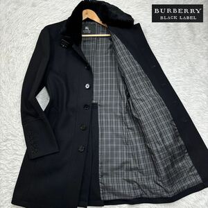 【極美品Lサイズ!!!】BURBERRY BLACK LABEL バーバリーブラックレーベル 高級 カシミヤ混ロングコート ラビットファー ノバチェック 黒