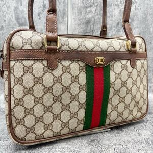 美品 GUCCI グッチ シェリーライン GG ハンドバッグ トート ショルダー レザー 本革 PVC ブラウン ベージュ ロゴ ヴィンテージ 肩掛け